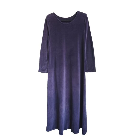 Vintage Dress Blue Velvet Size M Minimal 90s Goth Scoop Neck Long Sleeve Maxi - Picture 1 of 11